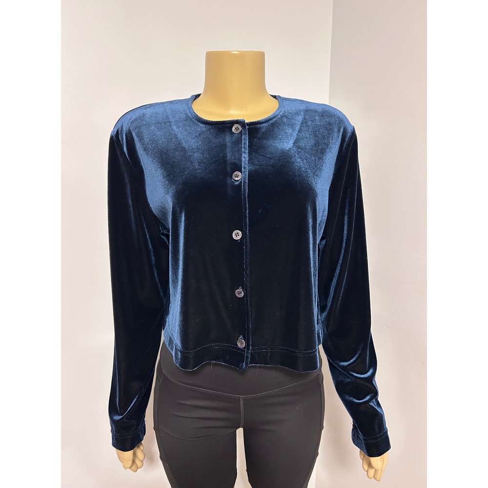 Talbots Y2K VINTAGE Navy Blue Velvet Button Up Cropped Cardigan Sweater Size M‎